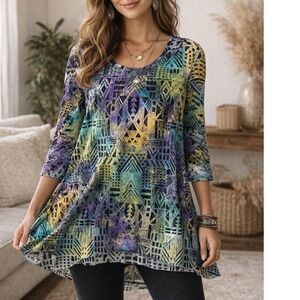 NWT Boho Chic Womens Small Tribal Geometric Burnout Mesh Tunic Top